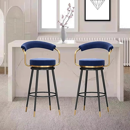 Swivel stools 1PC, Velvet Upholstered Stools with Hollow Back, Metal Chair Legs & Footrest for Kitchen Island Dining Room Pub Home, Seat Height 65cm, Black (Blue Seat Height 75cm)
