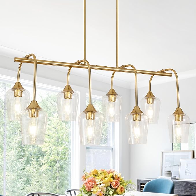 Dining Room Light Fixture/Chandelier Over Table (38inch, 8-Light), Brushed Gold Kitchen Island Lighting with Clear Glass Shade, Modern Hanging Pendant Lights Fixture for Kitchen Island, Dining Room