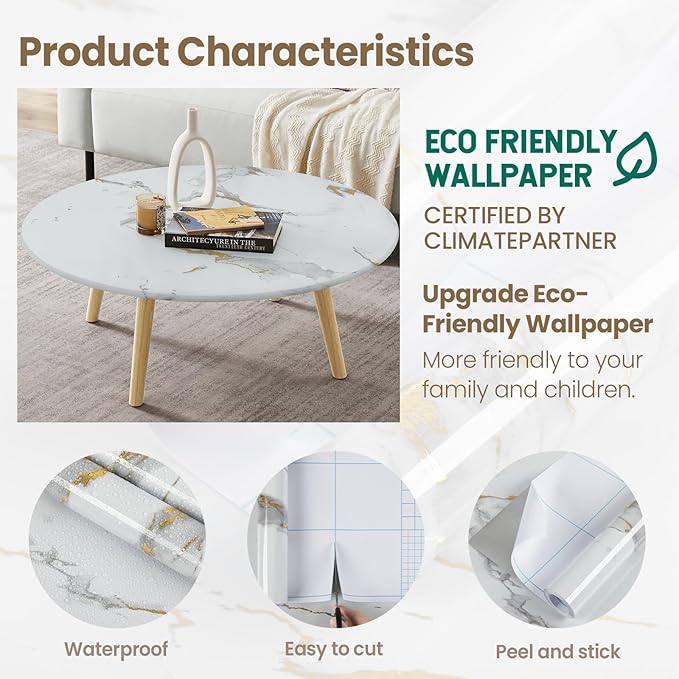 practicalWs Glossy Marble Wallpaper Peel and Stick White/Gold Granite Contact Paper Removable Wall Paper for Kitchen Countertop Cabinet Furniture 11.8" x 78.7"