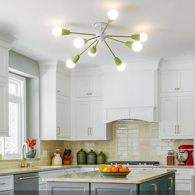 Green Sputnik Ceiling Light Fixture, 8-Lights Modern Sputnik Chandeliers for Dining Room,Indoor Kitchen Island Lighting for Bedroom Porch Entryway Living Room