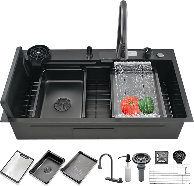 Black Kitchen Sink with bottom screen, 33 Inch Nano Stainless Steel Waterfall, Countertop Workstation Single Sink Set & Accessories, for Countertop, Kitchen, Bar (BLACK, 33IN)