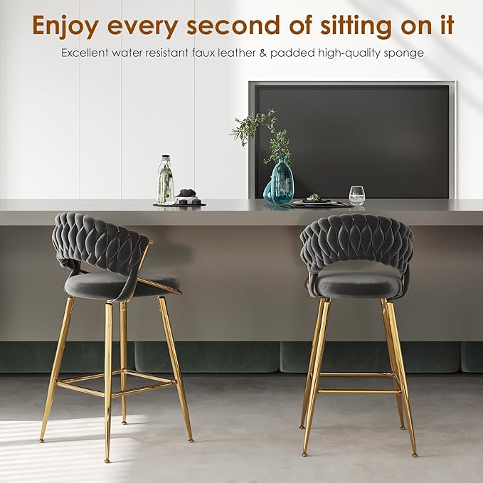 25.2" Velvet Counter Stool with Gold Accents, Ergonomic Plush Seat for Kitchen Island Bar