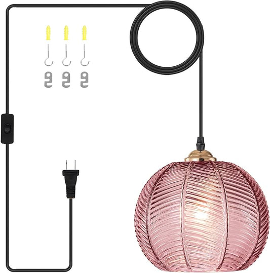 Hanging Lamp Pink Chandeleir Plug in Hanging Light Fixture with Cord Ribbed Glass Hanging Pendant Light Plug in Vintage Hanging Swag Lamps for Living Room Kitchen Dining Room Girls Bedroom