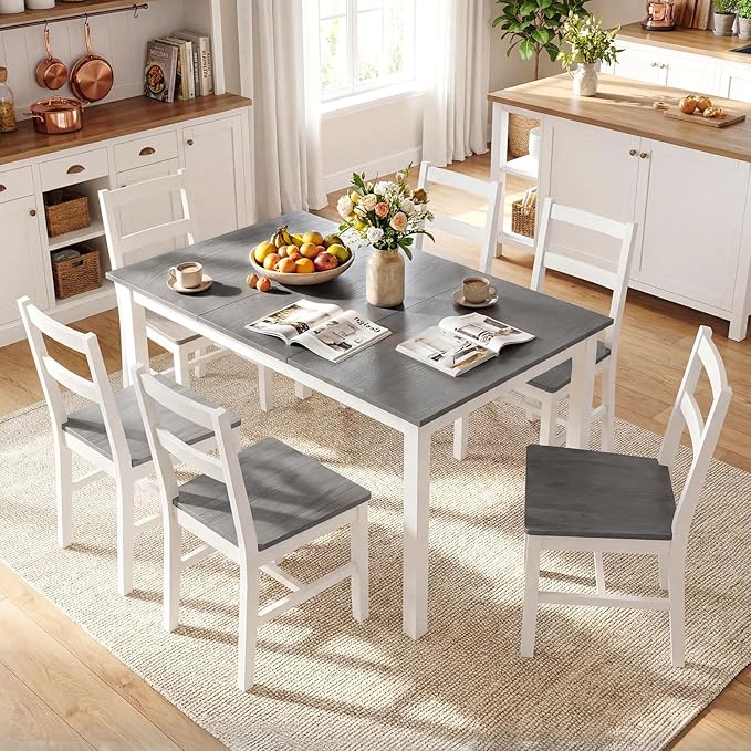 Giantex Dining Table for 4-6, 60" Rectangular Kitchen Table with Solid Rubber Wood Legs, Farmhouse Wooden Dinner Table for Dinette, Home Office, Living Room (Gray)