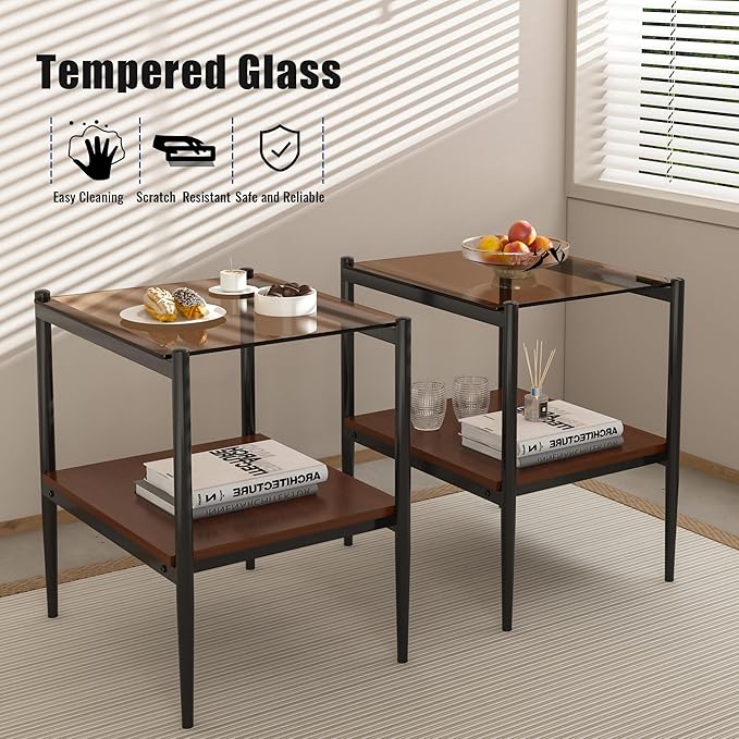 Set of 2 Glass End Table, 2-Layer Glass Living Room Table, Modern Tea Table Side Tables for Home Office Furniture