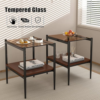 Set of 2 Glass End Table, 2-Layer Glass Living Room Table, Modern Tea Table Side Tables for Home Office Furniture
