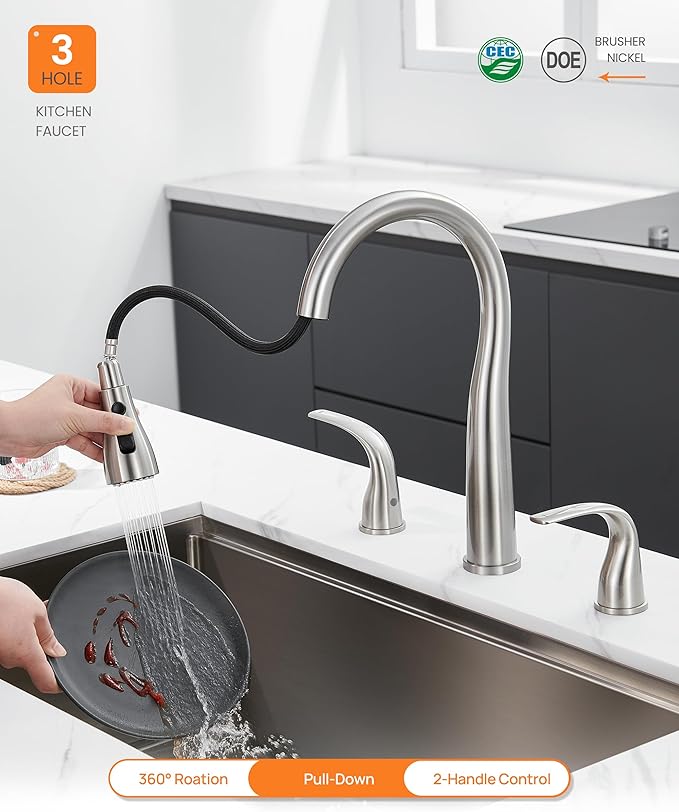 TIORIY 3 Hole Kitchen Faucet with Pull Down Sprayer, Brushed Nickel, Double Handle High Arc Faucet for Kitchen Sink with 3 Mode Spray, Stainless Steel, T-3005BN