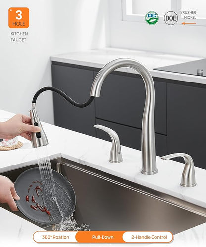 TIORIY 3 Hole Kitchen Faucet with Pull Down Sprayer, Brushed Nickel, Double Handle High Arc Faucet for Kitchen Sink with 3 Mode Spray, Stainless Steel, T-3005BN