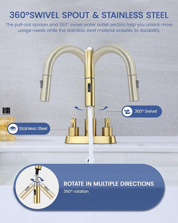 Bathroom Faucet with Pull Out Sprayer, Brushed Gold Bathroom Faucet 3 Holes, 2 Handle Bathroom Sink Faucet with 360 Degree Swivel Spout, Pop Up Drain Assembly Included