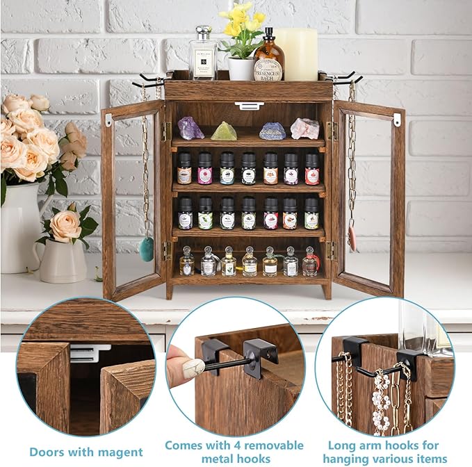 Ikee Design Small Wooden Countertop Storage Cabinet with Adjustable Shelves and Removable Hooks, Perfect for Perfume, Pantry, Essential Oil, 10.4W x 6.1D x 14.4H in, Brown