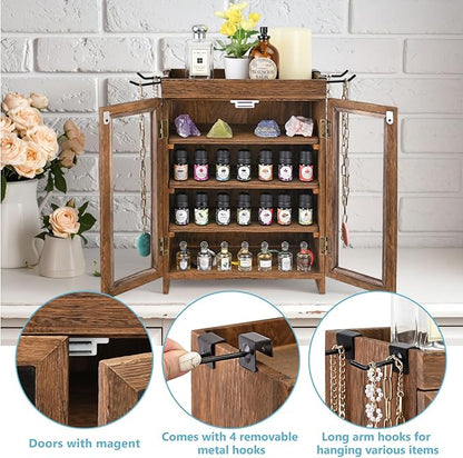 Ikee Design Small Wooden Countertop Storage Cabinet with Adjustable Shelves and Removable Hooks, Perfect for Perfume, Pantry, Essential Oil, 10.4W x 6.1D x 14.4H in, Brown