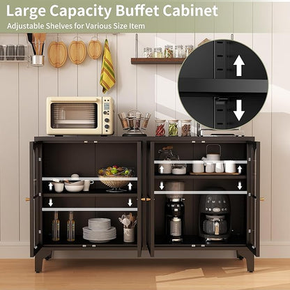 Foreate Sideboard Buffet Cabinet with Glass Door & LED Light, 53.2" Large Buffet Cabinet with Storage & Adjustable Shelf, Farmhouse Sideboard Credenzas Metal Kitchen Buffet, Black