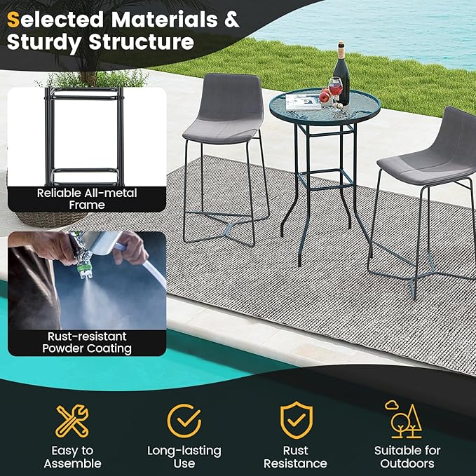 Giantex Patio Bar Table, 38" Height High Top Bistro Table, 27" Round Tempered Glass Tabletop, Heavy-Duty Metal Frame, Outdoor Table for Bistro Porch Garden Balcony