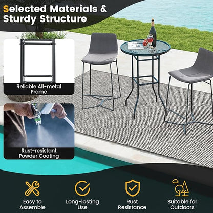 Giantex Patio Bar Table, 38" Height High Top Bistro Table, 27" Round Tempered Glass Tabletop, Heavy-Duty Metal Frame, Outdoor Table for Bistro Porch Garden Balcony