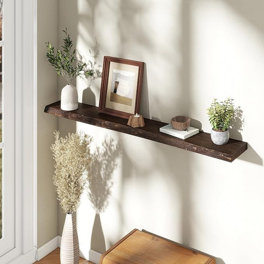 55 Inch Long Floating Shelves for Wall, Live Edge Floating Shelf Wall-Mounted for Bedroom Kitchen Living Room, Real Solid Elm Wood Wall Shelf with Heavy-Duty Bracket for Books Decor Storage, Walnut