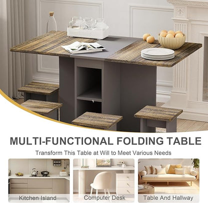 Folding Dining Table Set for 4, Dinner Table with 4 Chairs，Drawers and Shelves,Space Saving Foldable Dining Table with Wheels, Kitchen Table for Small Spaces
