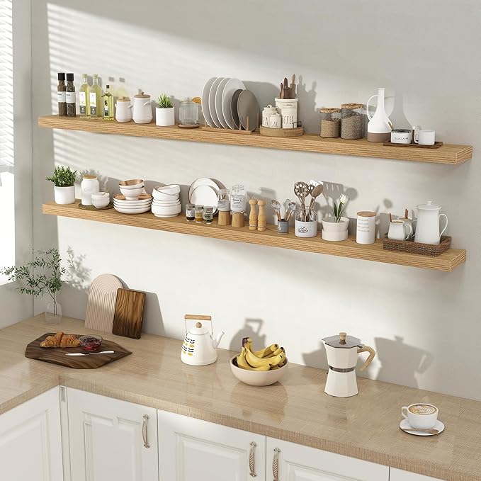 Acovy 72 Inch Floating Shelves for Wall 2 Pack, 72" Wall Shelves for Books, Storage, Decor, Wall Mounted Floating Shelf with Invisible Brackets for Kitchen, Living Room, Light Brown