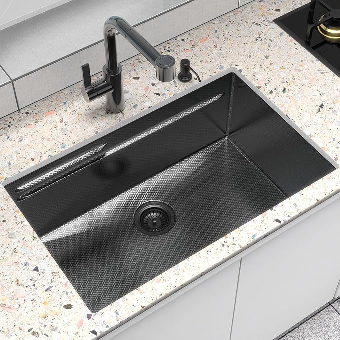 30inch Kitchen Sink Undermount Metal Black - Feibus 30x19x10 with Double Step Workstation 16 Gauge Honeycomb Embossment Stainless Steel Single Bowl