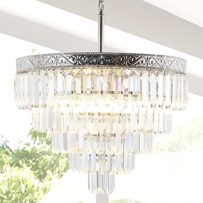 JONATHAN Y 20" Polished Nickel/Clear 4-Light LED Chandelier, Modern Tiered Pendant Light Fixture for Dining Room, Bedroom, Entryway with Clear Faceted Crystal Shade (JYL9007A)