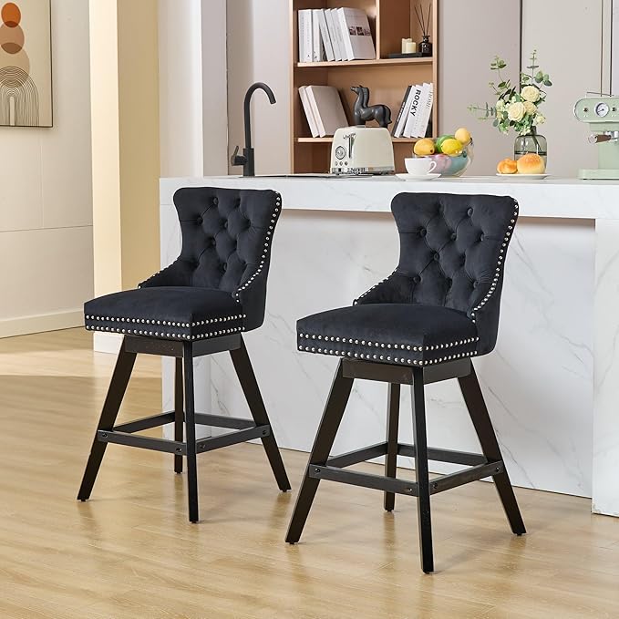 DONICK Velvet Swivel Counter Height Bar Stools,Modern Upholstered Bar Chairs Nailhead Backrest Pull Ring Solid Wood for Bar,Kitchen Island,Pub,Dining Room,Cafe(Black,Set of 6)