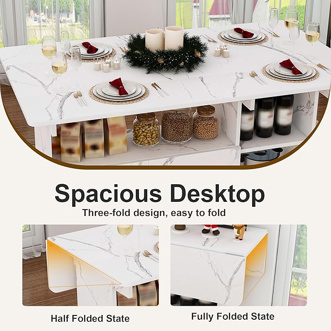 47" Folding Dining Table with Storage Shelves, Multi-Functional Rolling Kitchen Island on Wheels, Compact Desk for Small Spaces, Kitchen, Dining Room, Work, White