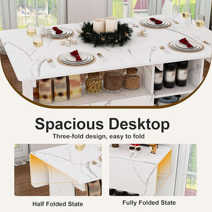 47" Folding Dining Table with Storage Shelves, Multi-Functional Rolling Kitchen Island on Wheels, Compact Desk for Small Spaces, Kitchen, Dining Room, Work, White
