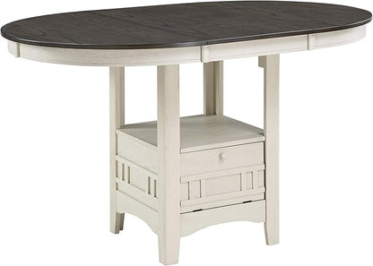 Lexicon Meyer 60 Inch Bar Table - Round Counter Height Small Kitchen Table for 2-4, Solid Wood, Oval Extendable Leaf for Small Dining Room, Storage Space, Shelf, Antique White & Rosy Brown