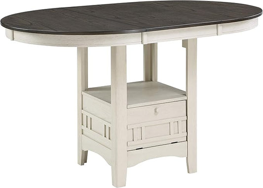 Lexicon Meyer 60 Inch Bar Table - Round Counter Height Small Kitchen Table for 2-4, Solid Wood, Oval Extendable Leaf for Small Dining Room, Storage Space, Shelf, Antique White & Rosy Brown