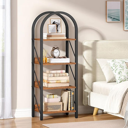HOOBRO Bookshelf, 4-Tier Bookshelf Arched Display Racks, Industrial Bookcase with Metal Frame, Book Shelf Storage Organizer for Living Room, Office, Bedroom, Rustic Brown and Black BF424SJ01