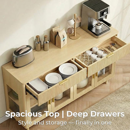 IRONCK 59'' Sideboard Buffet Cabinet with Drawers, Modern Kitchen Storage Cabinet with Adjustable Shelves and Tempered Glass Doors, Wood Coffee Bar for Kitchen, Living Room, Oak