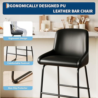 IDEALHOUSE Counter Height Bar Stools Set of 3, PU Leather Barstools with Back and Footrest, Modern Industrial Metal Frame Armless Bar Chairs for Kitchen Island, Counter, Black