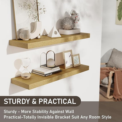 Fun Memories Floating Shelves for Wall, 32W x 8D Floating Wall Shelves with Invisible Brackets Set of 2, Hanging Rustic Wood Shelf Decoration for Bedroom, Bathroom, Living Room and Kitchen, Oak