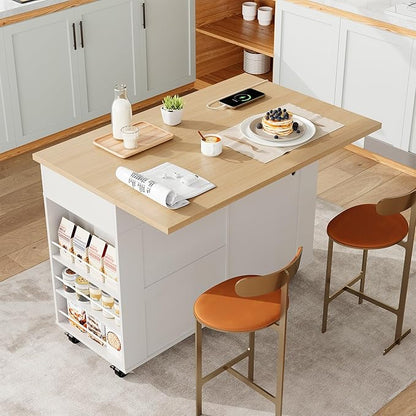 IDEALHOUSE Rolling Kitchen Island with Drop Leaf Countertop, Charging Station & Ample Storage - 47.2" Mobile Kitchen Cart On Wheels with Pull-Out Shelves, Drawers, Spice Rack & Organizer Divider