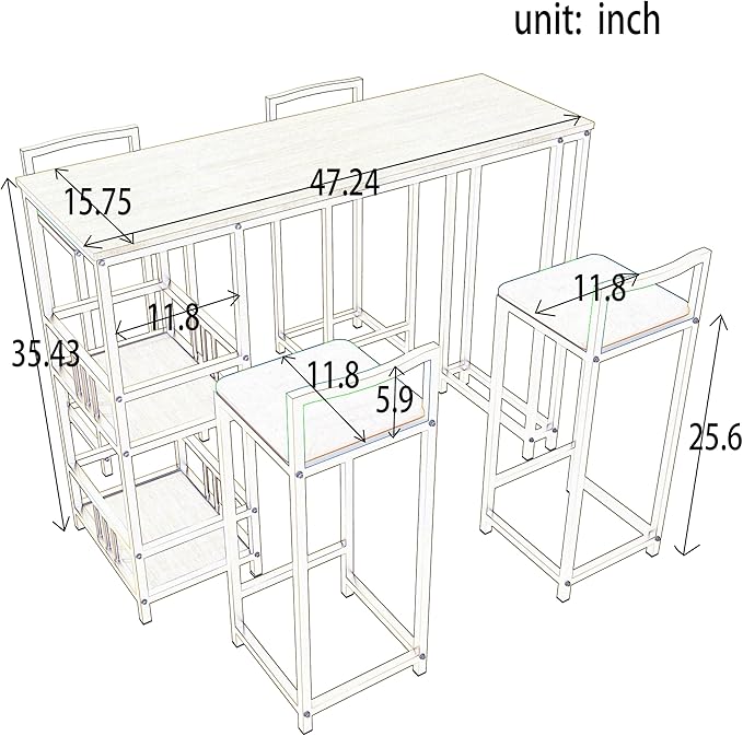 5-Piece Bar Height Table and Chairs Set - Gold Frame Bar Table with Storage & Sponge-Cushioned Chairs,Kitchen Table, Kitchen Island Seating, or Dining Table Set (Gold,Light Beige,Navy Multi)