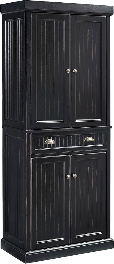 Crosley Furniture Seaside Coastal Pantry Storage Cabinet with Shelves, Kitchen, Dining, or Laundry Room, Distressed Black