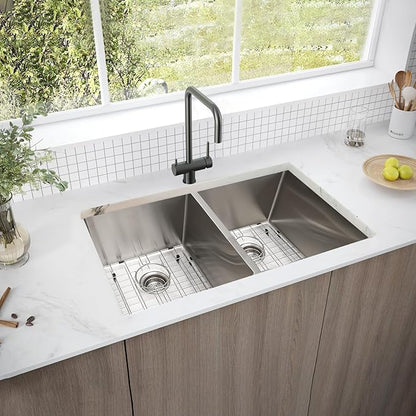 SANYCASA 33 Inch Double Bowl Kitchen Sinks with Quick Drain Slope - 11 Gauge (3mm) 304 Stainless Steel Undermount Kitchen Sink with Accessories