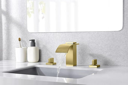 SUMERAIN Brushed Gold Waterfall Bathroom Faucet 3 Hole 8 Inch Widespread Bathroom Sink Faucet