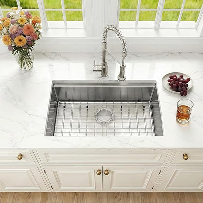 27 Inch Undermount Kitchen Sink,16 Gauge Stainless Steel Kitchen Sink Single Bowl, 27"x19"x9" Undermount Sink Ledge Workstation Sinks With All Accessories, Multi-Functional Sinks