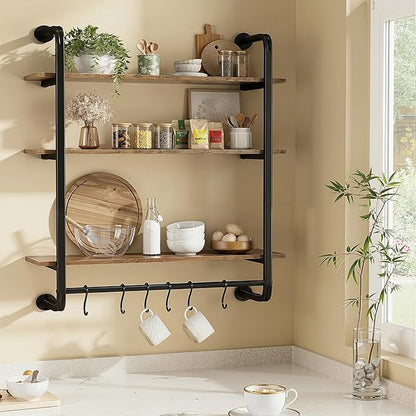 3 Tier Industrial Pipe Floating Shelf, 24" Kitchen Wall Shelves with Towel Bar & 6 Hooks, Coffee Bar Shelves Display Bookshelf Wall Shelf for Kitchen, Bathroom, Home Décor, Rustic Brown