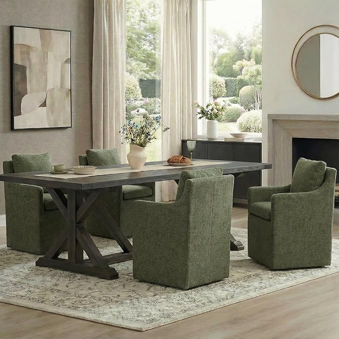 KISLOT Upholstered Dining Chairs with Casters, No Assembly Modern Accent Armchair with Rollers for Dining Room, Bedroom, Living Room, Reading Room, Already Assembled, Green, 4 Box
