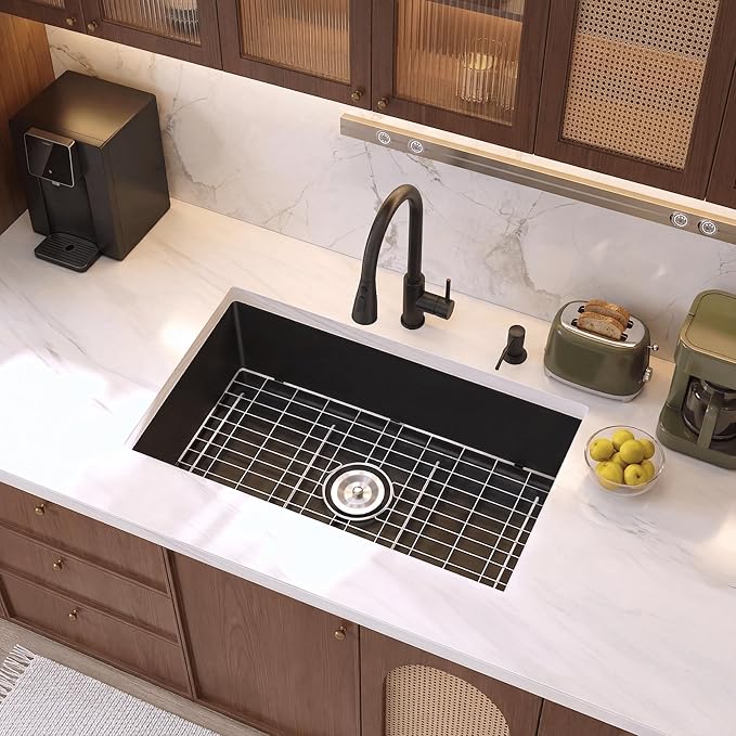 Rhbamoa 30 inch Black Granite Composite Kitchen Sink,Matte Black Undermount Kitchen Sink 30''x18'',9 inch Deep Single Bowl Composite Sinks,Large Quartz Sinks with Accessories