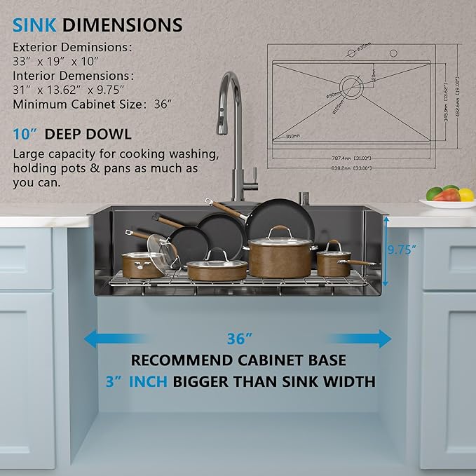 33"x19" Black Drop-In Kitchen Sink – Gunmetal Black NANO-PVD, 16-Gauge 304 Stainless Steel, Single Bowl Ledge Workstation Top Mount Kitchen Sink Basin with Accessories