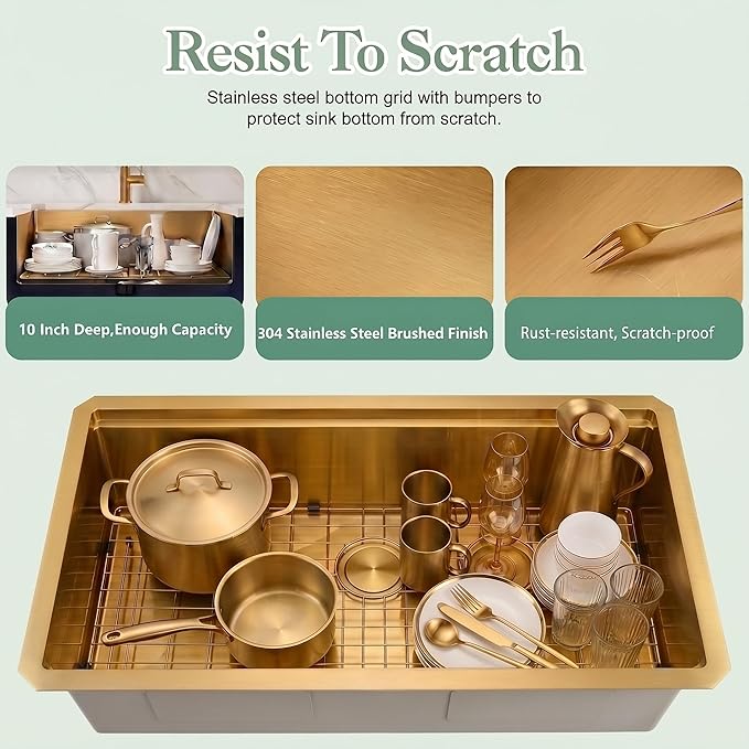 Gold Undermount Kitchen Sink, 16 Guage 304S Stainless Steel Workstation Sinks with Full Set Accessories, 30" x 18" x 6" Single Bowl ADA-Compliant Kitchen Sink, 6 Inch Deep Gold ADA Sink