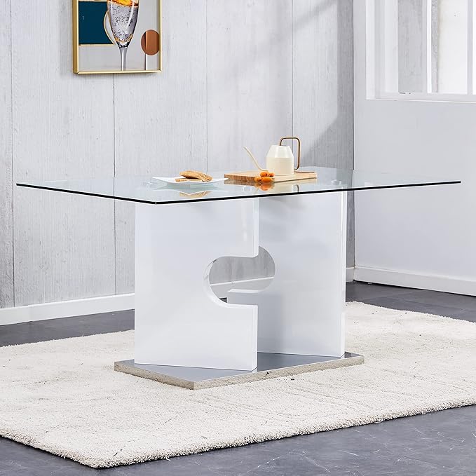 63” Glass Dining Table for 4–6 People, Modern Kitchen Table with Tempered Glass Top, Dining Room Table with White MDF Legs for Kitchen Dining Room