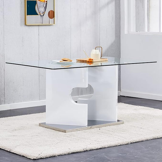 63” Glass Dining Table for 4–6 People, Modern Kitchen Table with Tempered Glass Top, Dining Room Table with White MDF Legs for Kitchen Dining Room