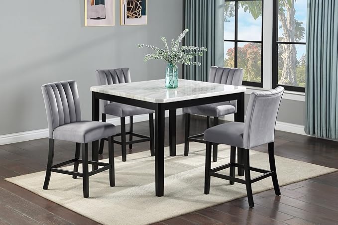 Counter-Height Square Table with Faux Marble Top and Black Wood Base, Versatile for Dining Room or Kitchen Island
