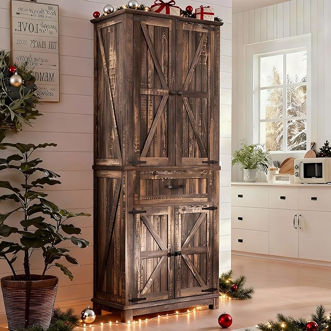 YITAHOME 72.6" H Farmhouse Kitchen Pantry Cabinet, Freestanding Tall Storage Cabinet with 4 Doors, Drawer and Adjustable Shelves, Tall Cupboard for Dining Room, Living Room, Dark Rustic Oak