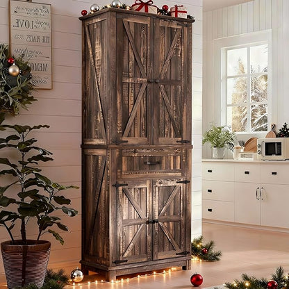 YITAHOME 72.6" H Farmhouse Kitchen Pantry Cabinet, Freestanding Tall Storage Cabinet with 4 Doors, Drawer and Adjustable Shelves, Tall Cupboard for Dining Room, Living Room, Dark Rustic Oak