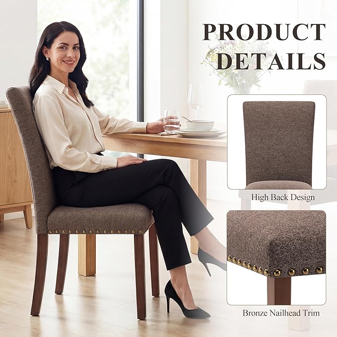 COLAMY Upholstered Dining Chairs Set of 6, Parsons Nailhead Dining Room Kitchen Chairs with Wood Legs - Brown