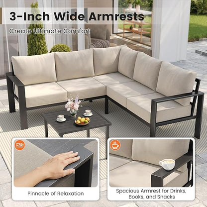 UDPATIO 6 Piece Patio Furniture Set, Metal Outdoor Sectional Sofa with 6" Thick Olefin Cushions, Wide Armrest & Coffee Table, L Shaped Outdoor Furniture for Garden, Backyard Beige